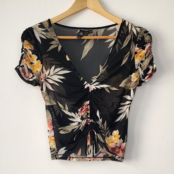 Volcom XS Tropical Floral Black Mesh Ruched Vneck Top Summer Costal Cowgirl Boho - Picture 1 of 14